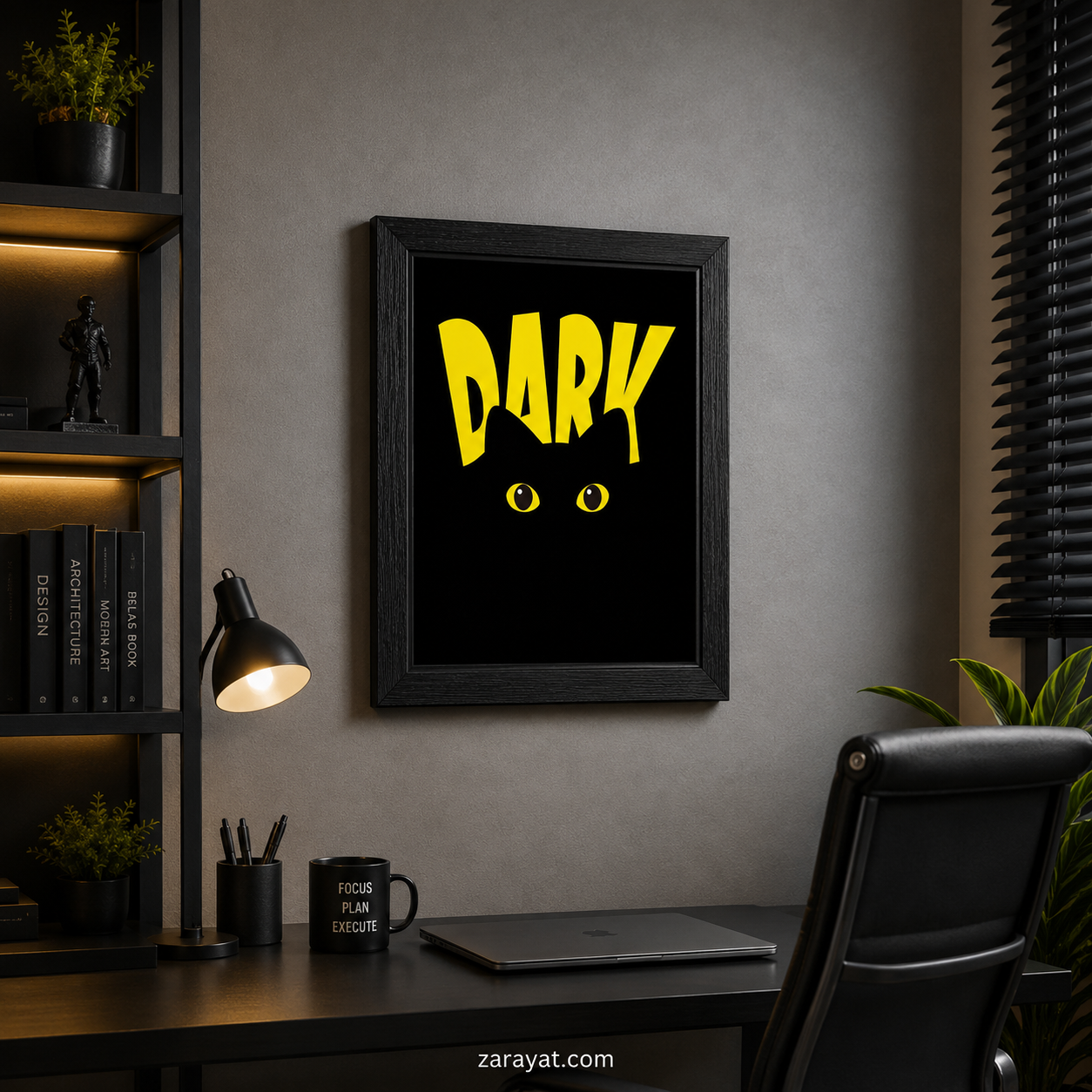 Dark Eyes graphic wall art with yellow typography and stylized eyes on a black background