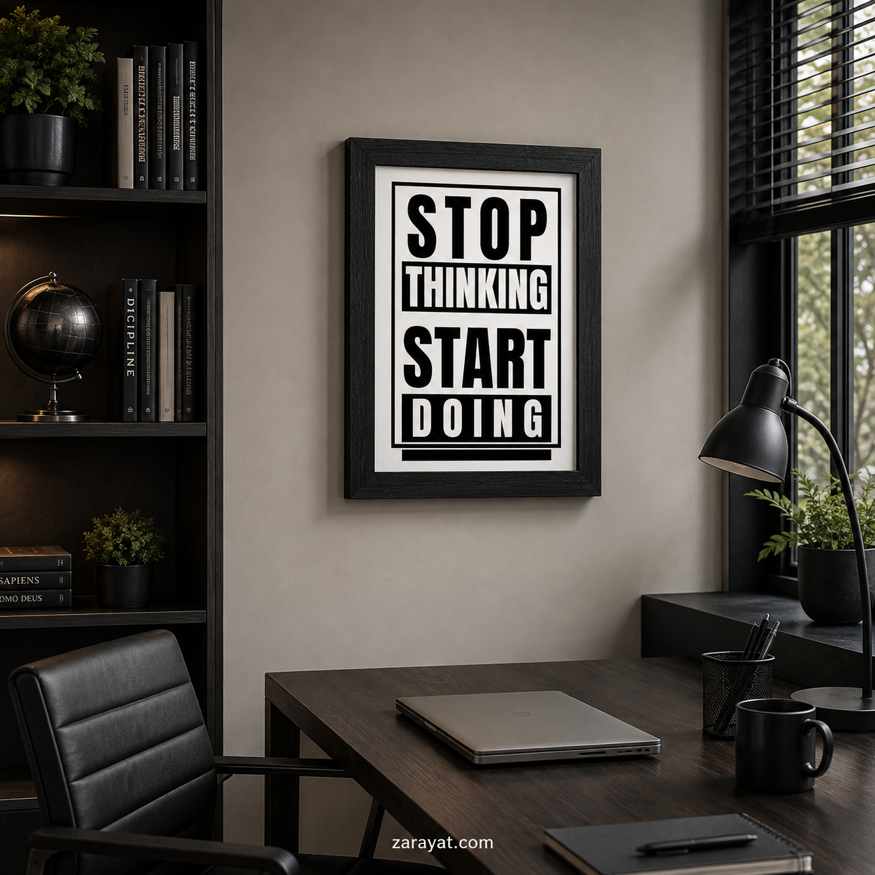 Stop Thinking Start Doing motivational wall art with bold black and white typography