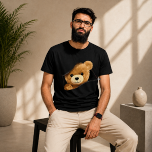 Black teddy bear zipper graphic T-shirt with brown bear design