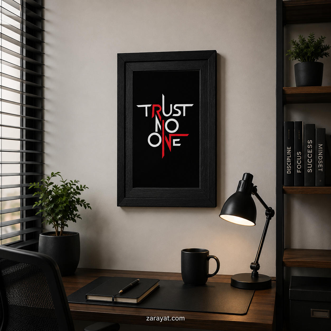 Trust No One framed wall art with white and red typography on a black background