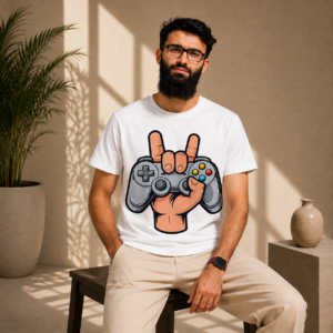 White gaming controller graphic T-shirt with colorful buttons and hand design