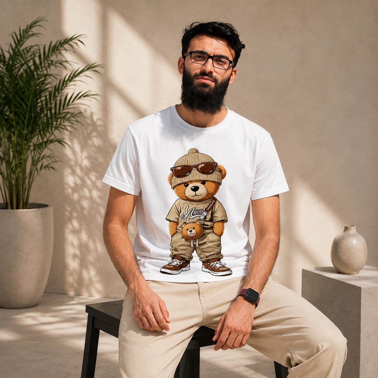 White teddy bear graphic T-shirt with sunglasses and beanie design