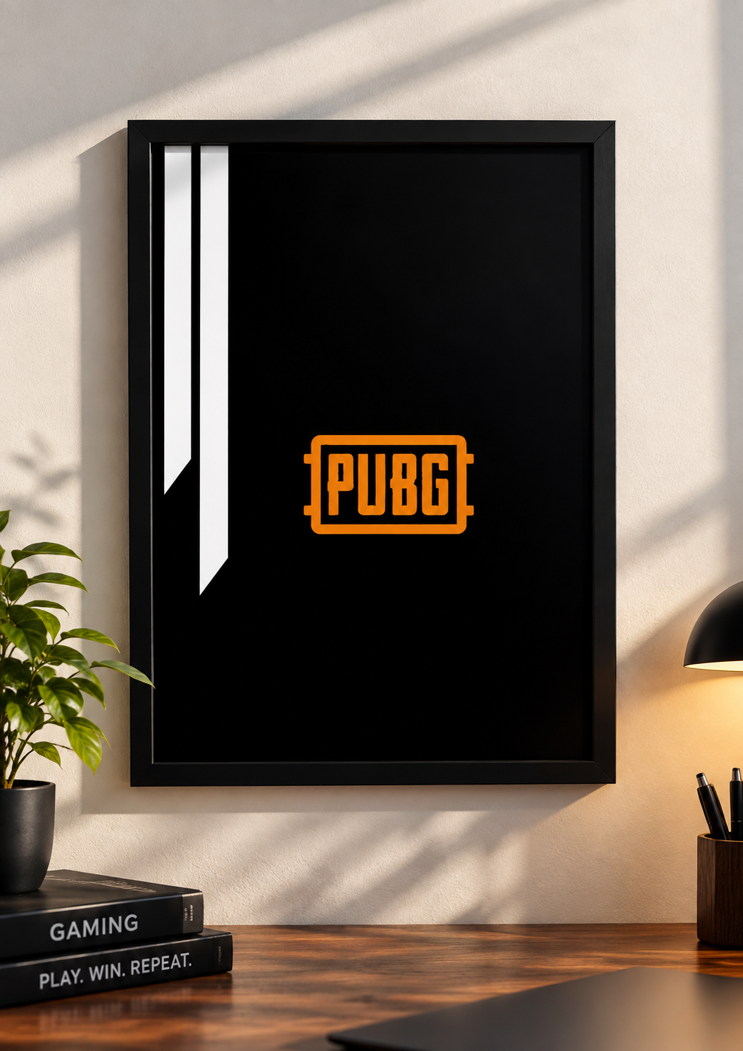 PUBG Gaming Wall Art – Black & Orange Gamer Framed Poster