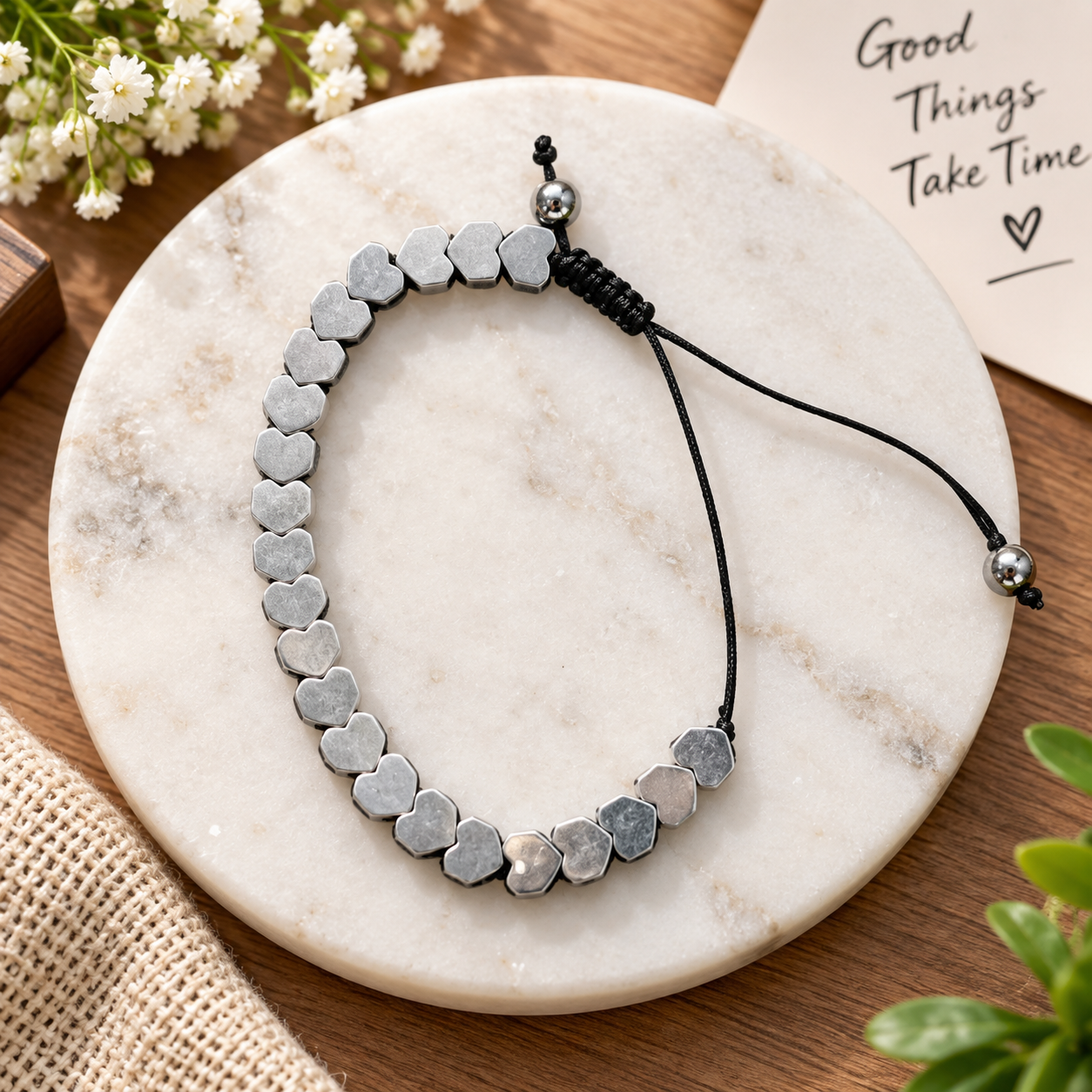 Silver Heart Bead Bracelet with Adjustable Black Cord