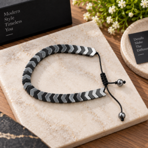 Black Silver Chevron Link Bracelet with Adjustable Cord