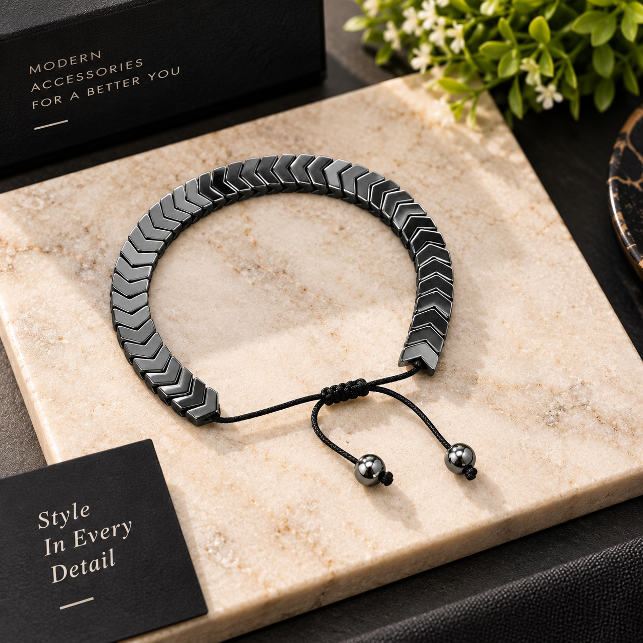 Black Chevron Link Bracelet with Adjustable Cord