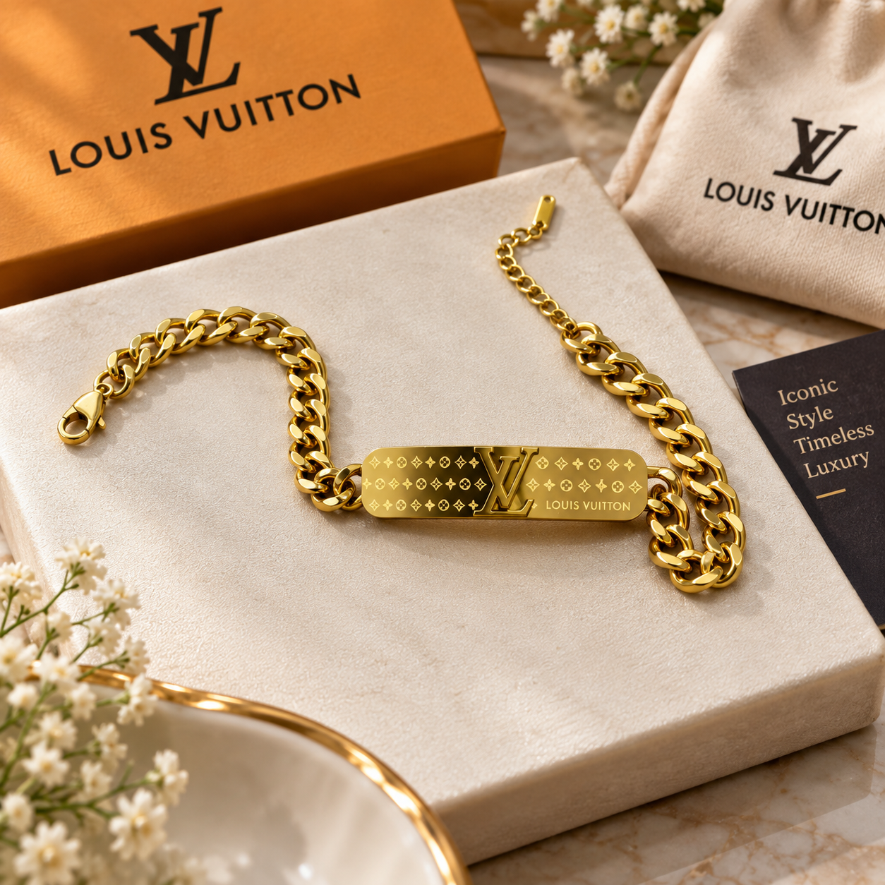 Gold Chain Bracelet with Designer Style Plate - Image 2