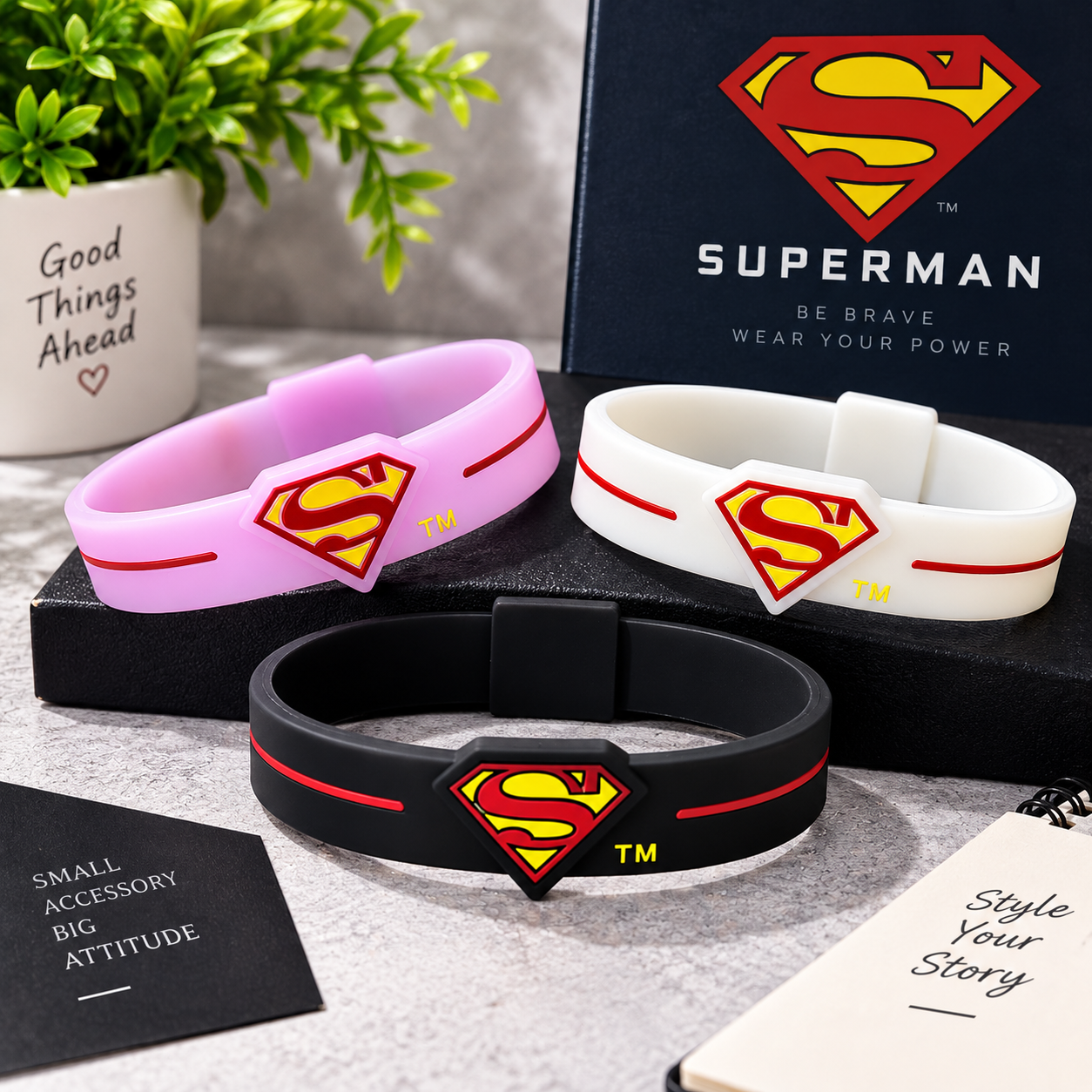 SM Bracelet Set – Black, White & Pink Wristbands