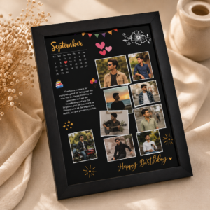 Personalized birthday photo collage frame with September calendar and custom memories
