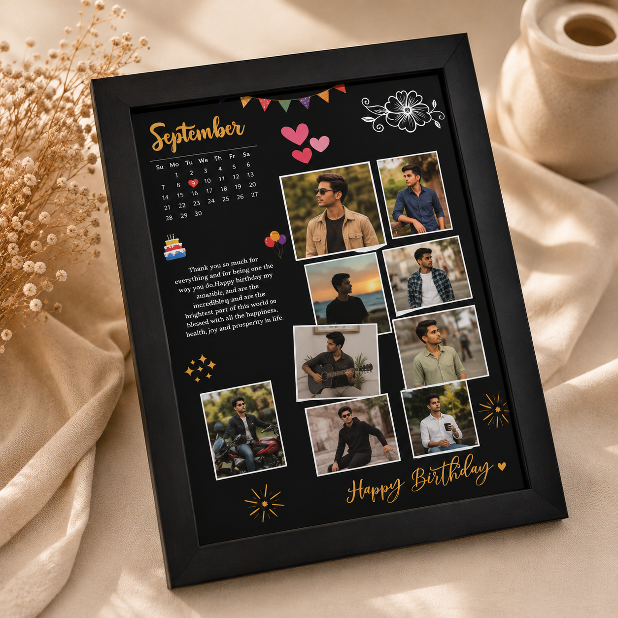 Personalized birthday photo collage frame with September calendar and custom memories