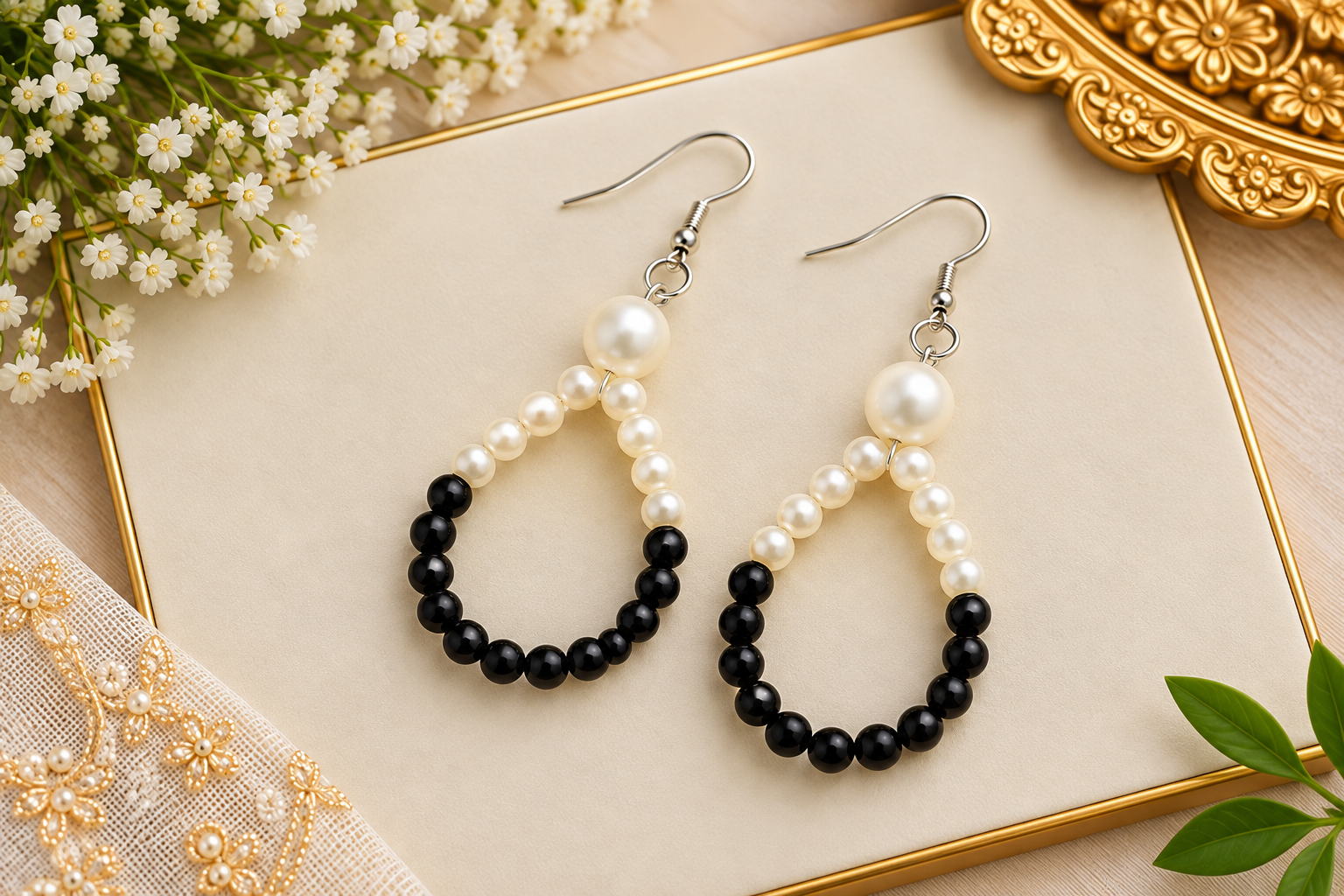 Black & White Beaded Drop Earrings