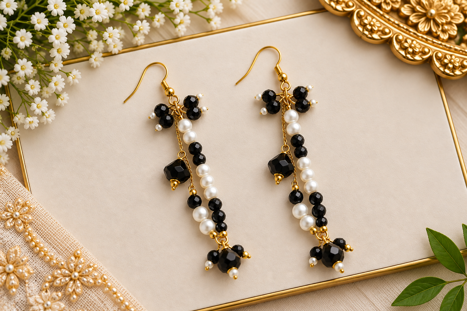 Black & White Beaded Drop Earrings