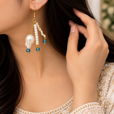 Pearl & Blue Beaded Drop Earrings