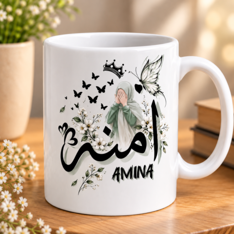 Personalized Nimra Name Mug – Pink Floral Hijab Girl Design
