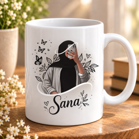 Personalized Arabic Name Mug  Hijab Girl & Butterfly Design
