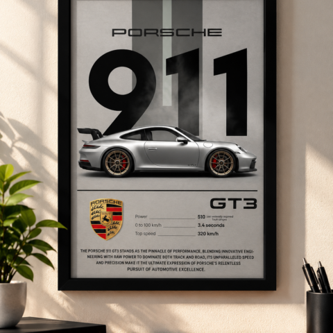 Porsche 911 GT3 Framed Wall Art – Silver Sports Car Automotive Poster