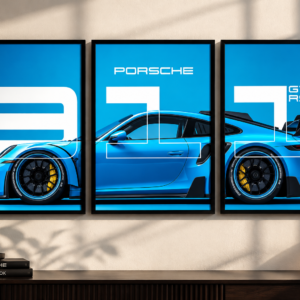 Porsche 911 GT3 RS 3-Piece Framed Wall Art Set – Blue Sports Car Décor