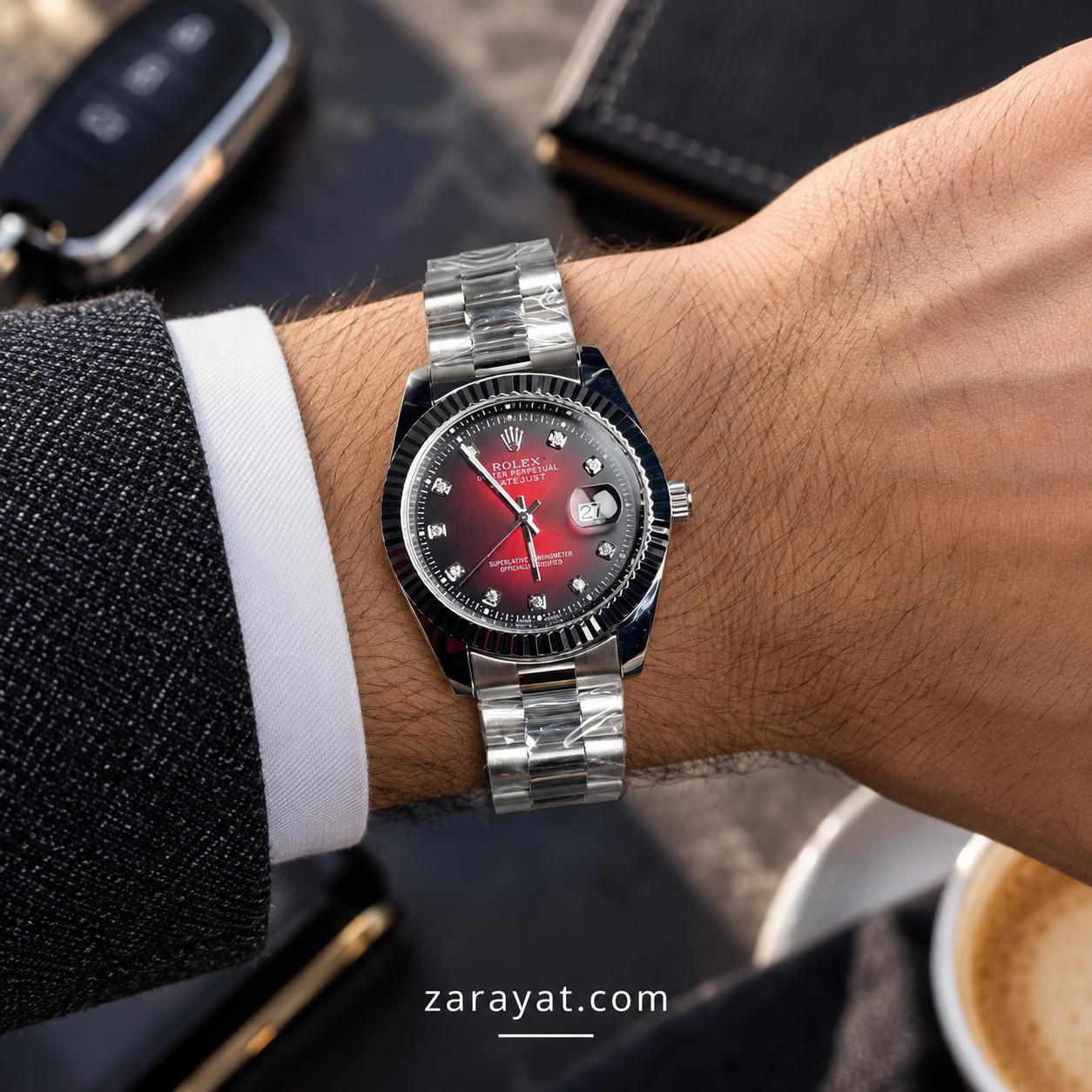 Rolex Style Two Tone Gold Silver Red Dial Watch for Men - Image 5
