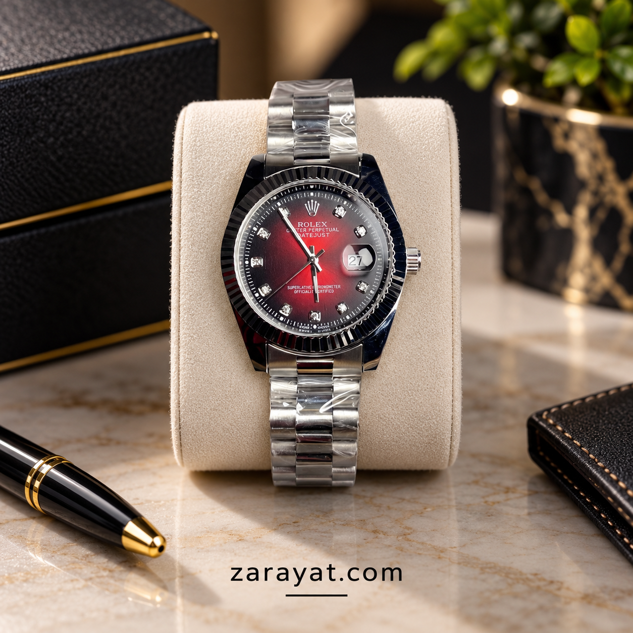 Rolex Style Two Tone Gold Silver Red Dial Watch for Men - Image 6