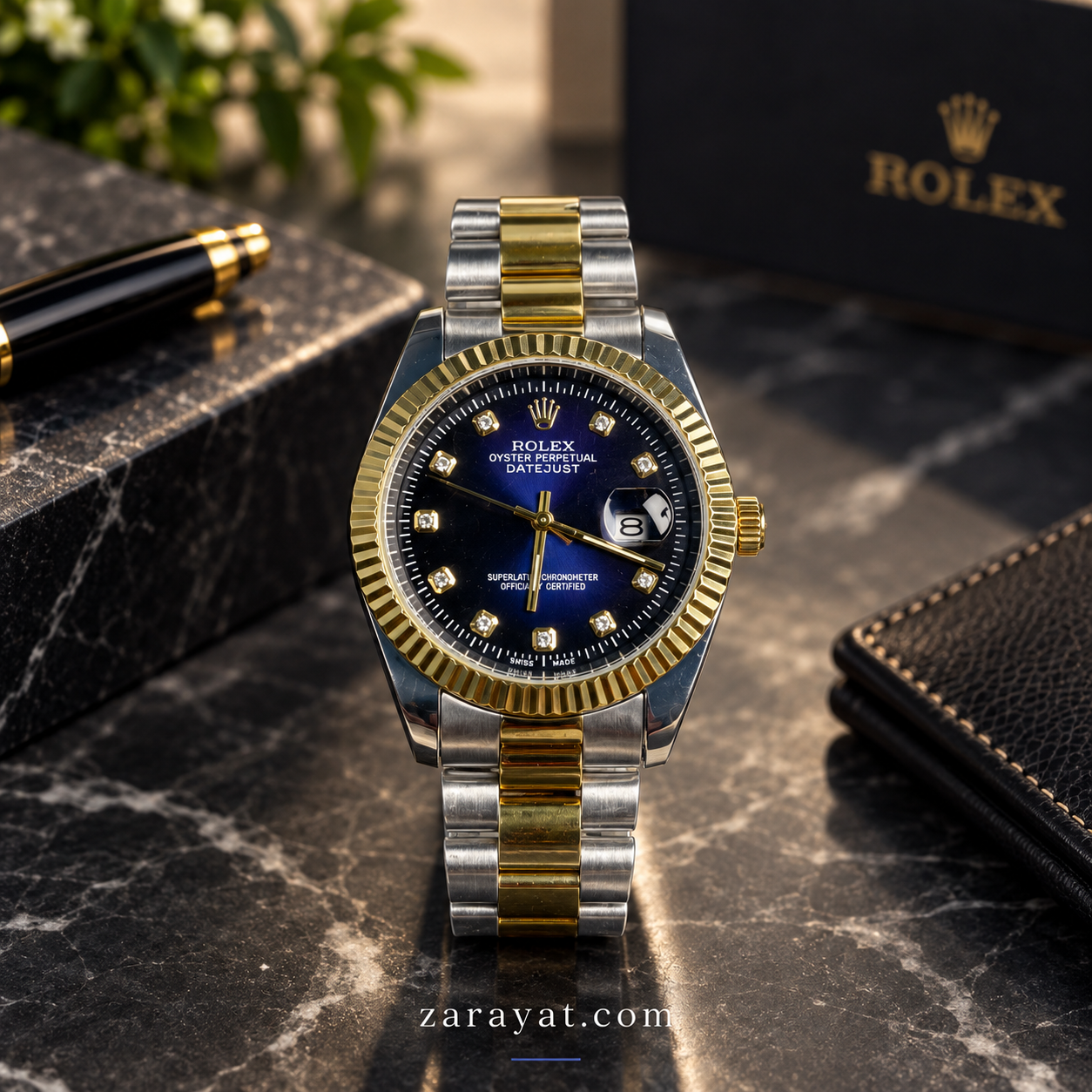 Rolex Style Two Tone Gold Silver Red Dial Watch for Men - Image 2