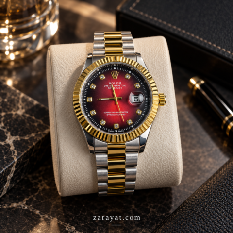 Rolex Style Two Tone Gold Silver Red Dial Watch for Men