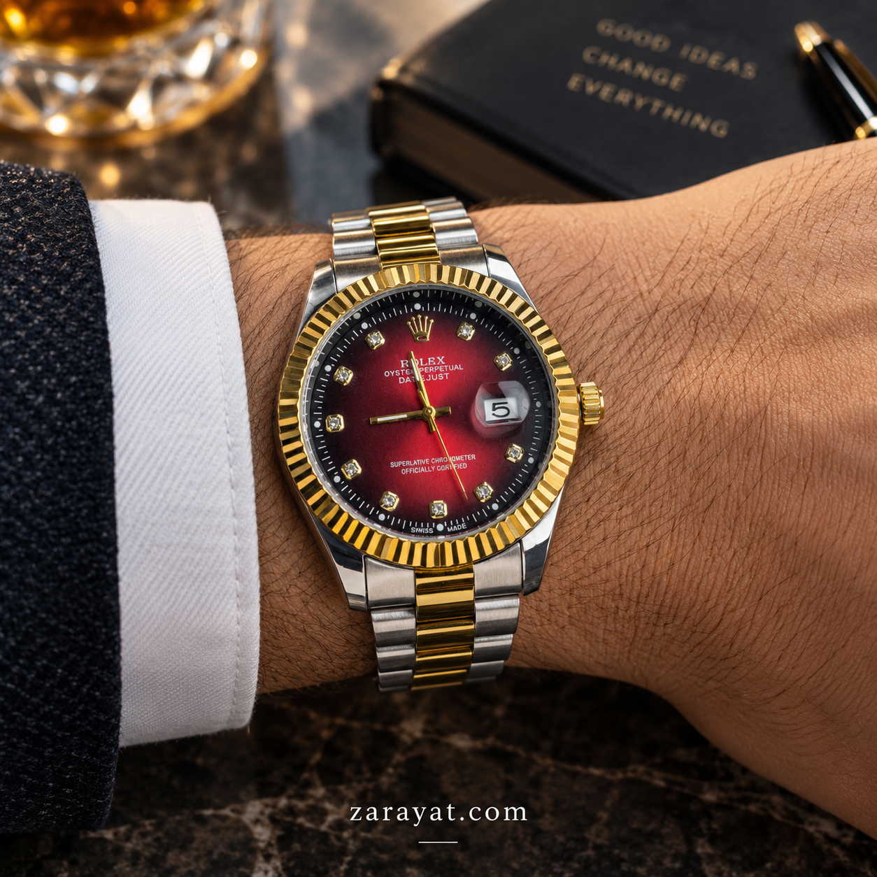 Rolex Style Two Tone Gold Silver Red Dial Watch for Men - Image 4