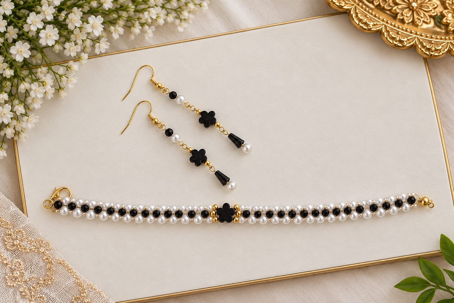 Black & White Beaded Bracelet & Earrings Set