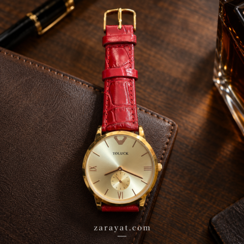 TOLUCK Men's Gold Watch with Champagne Dial and Red Leather Strap