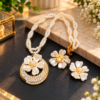 Pearl Flower Pendant Necklace Set with Matching Earrings – Gold-Tone Floral Jewellery