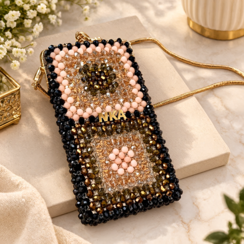 NKA Beaded Phone Bag for Women – Black & Gold Embellished Mini Crossbody Pouch