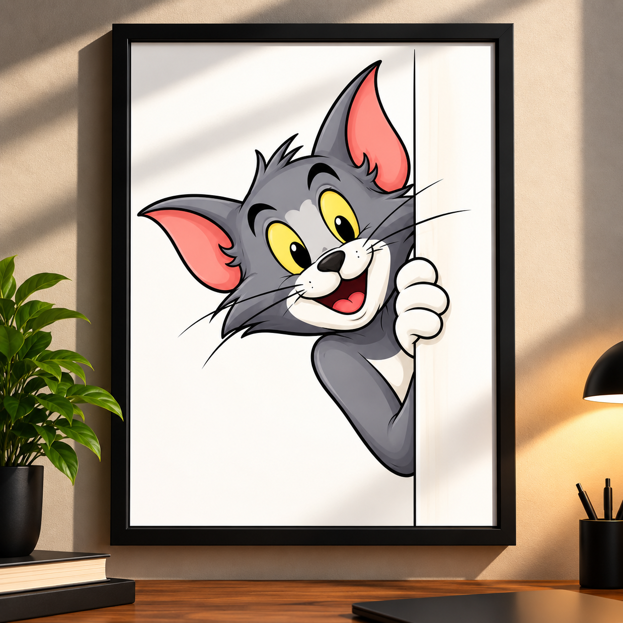 Cute Peeking Cartoon Cat Framed Wall Art Poster