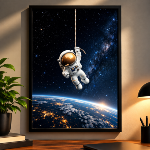 Astronaut Hanging in Space Framed Wall Art Poster