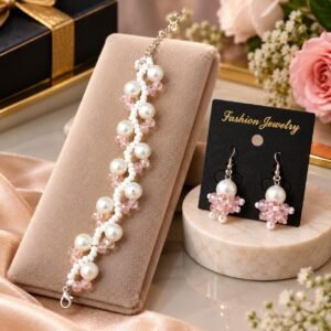 Pearl and Pink Crystal Beaded Jewelry Set for Women