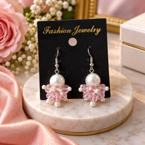 Pearl and Pink Crystal Beaded Dangle Earrings for Women